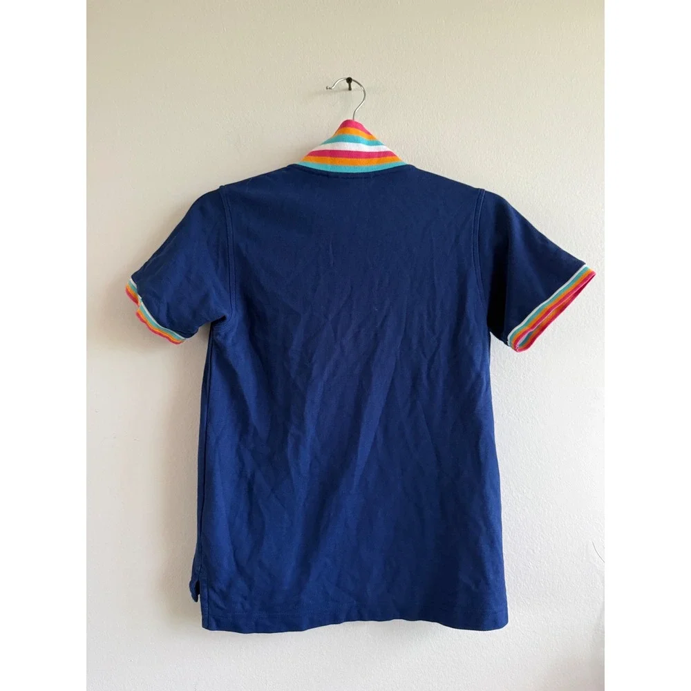 Psycho Bunny Kids Navy Blue Rainbow Striped Collar Polo Shirt Size M 10/12